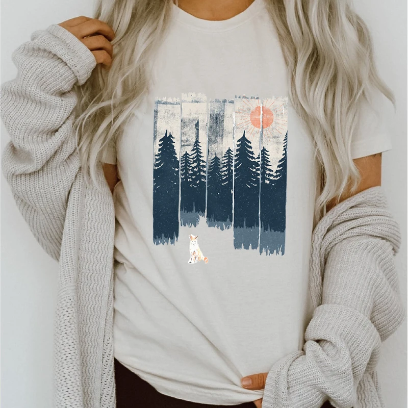 Women Graphic Forest Mountain Casual 90s Spring Summer Printing Lady Vacation Tops Clothing Tees Print Wear Tshirt T-Shirt