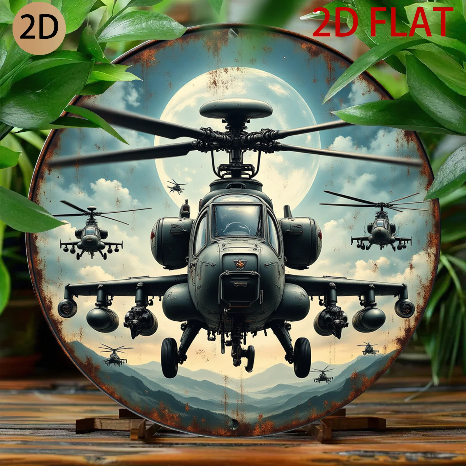 Vintage Military Helicopter Metal Wall Art - Rustic Aviation-Themed Round Metal Sign for Helicopter Lovers, Army Decor, & for