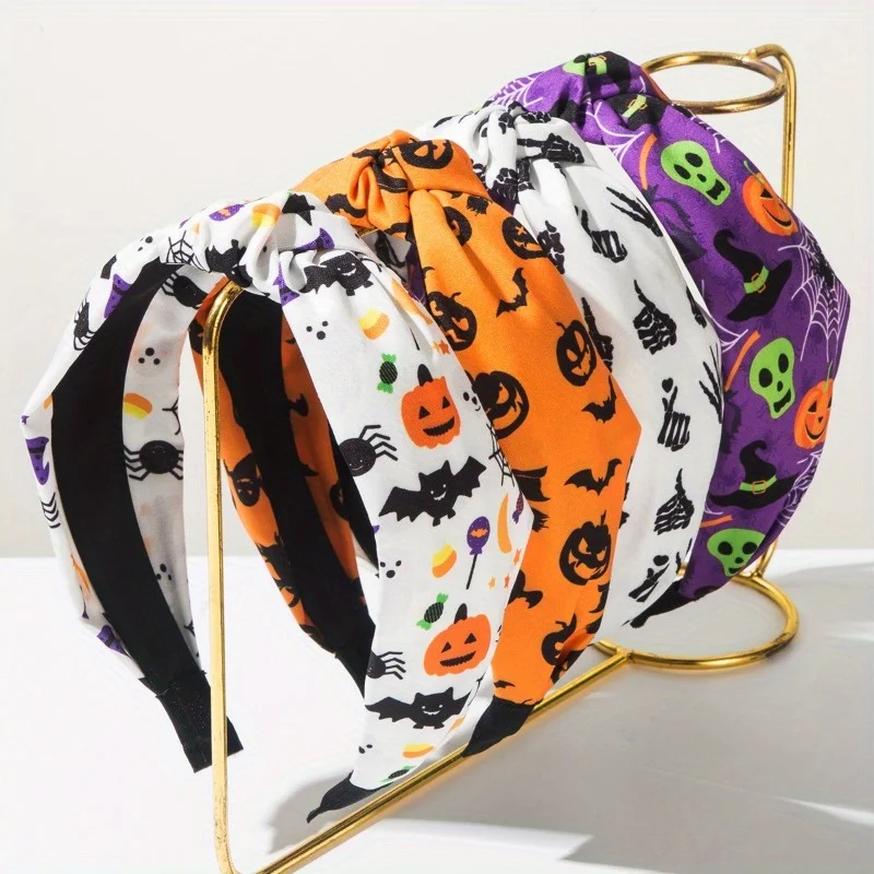 

Trendy and Fashionable Halloween Headband with Skull Pumpkin Bat Spider Printed Fabric Hair Accessory