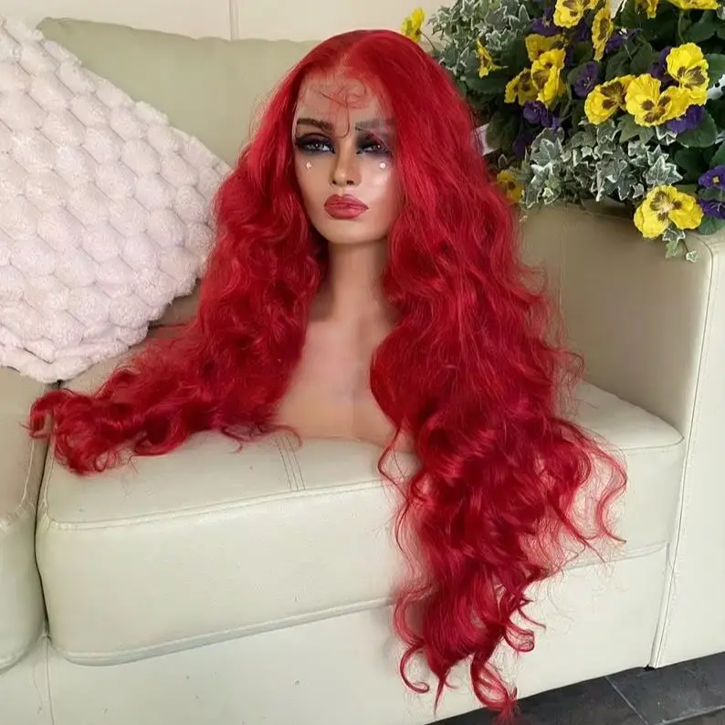 

30 Inch Bright Red Loose Wave Lace Front Wig Synthetic Hair Body Wave Wigs for Women 13x4 HD Heat Resistant Glueless Cosplay