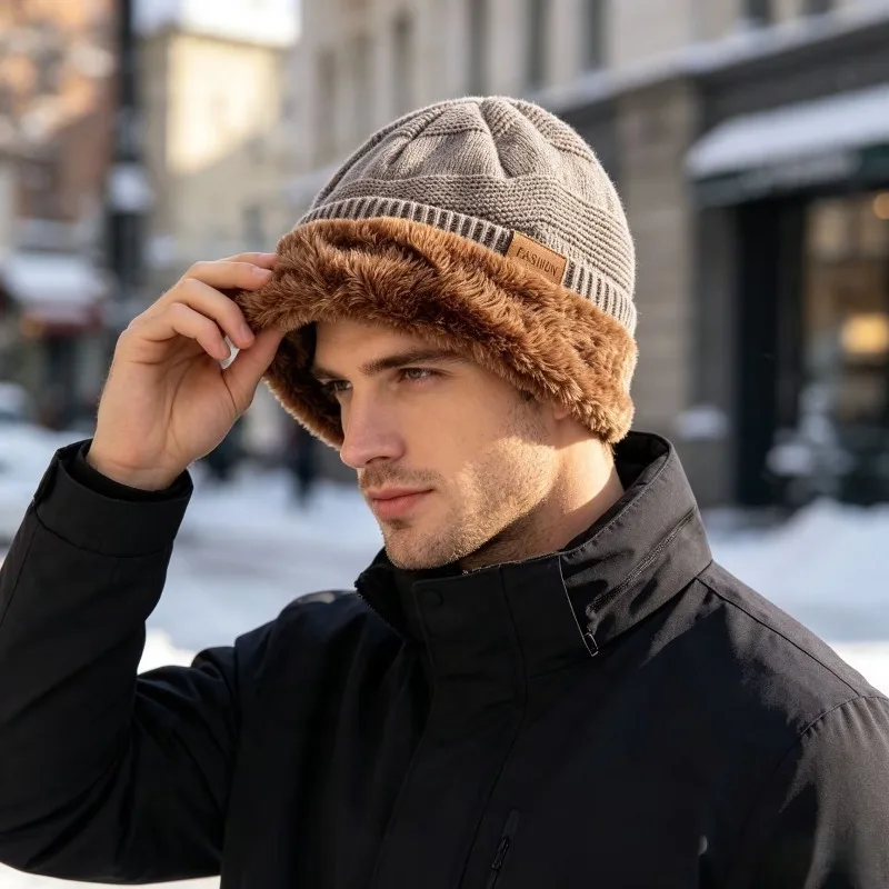 New Unisex Slouchy Winter Hats Add Fur Lined Men And Women Warm Beanie Cap Casual Label Decor Winter Knitted Hats view 5