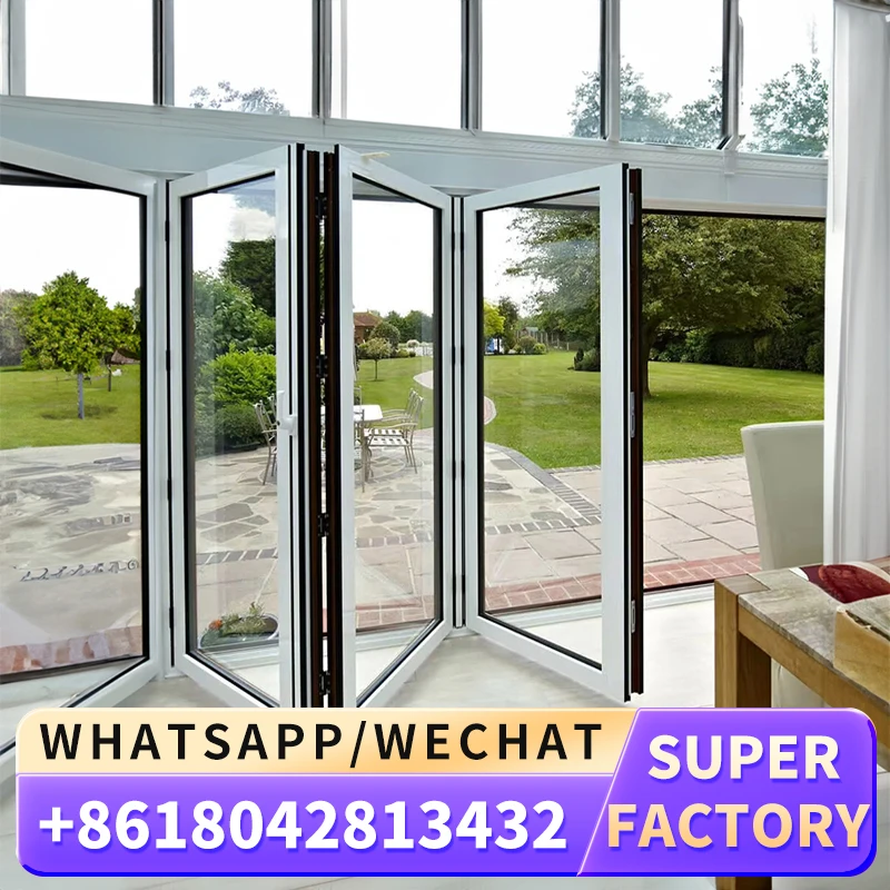 Pintu lipat aluminium Modern, pintu lipat dua pemecah panas, pintu teras lipat aluminium