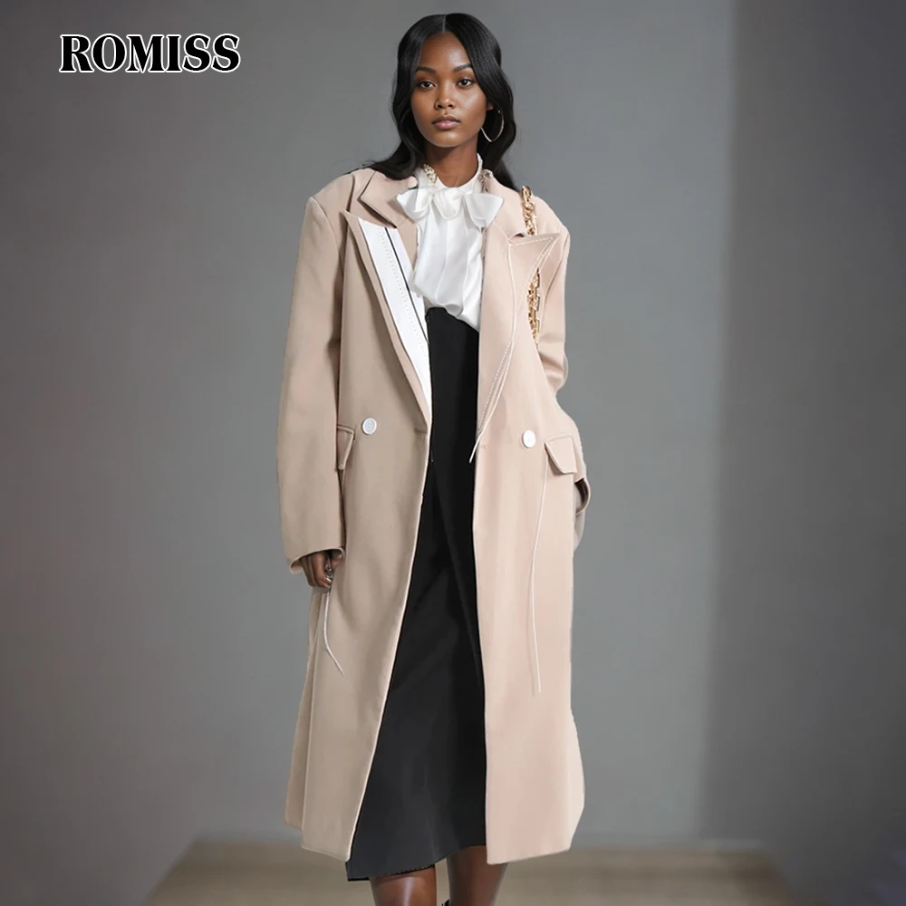 

ROMISS Temperament Colorblock Spliced Pocket Trench For Women Lapel Long Sleeve Patchwork Button Casual Trenches Female