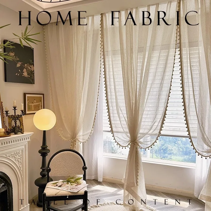 

French Wabi Sabi Medieval Atmosphere Linen Living Room Balcony Cream Rice Retro Lace Translucent Window Screen Curtain