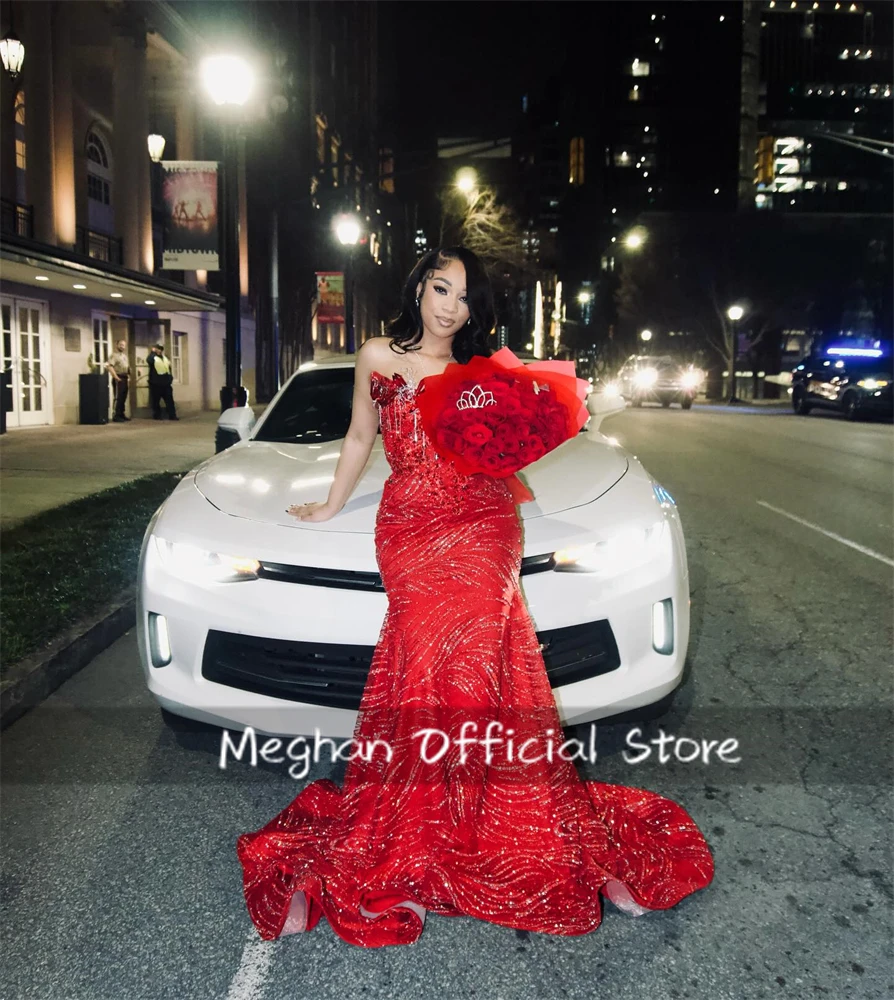 Sparkly Rode Lange Galajurk 3D Bloem Pailletten Jurk Kraal Kwastje Steentjes Bruiloft Verjaardag Feestjurk Diamanten Aangepast