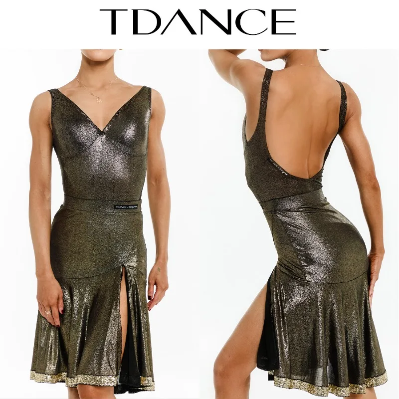 Demi-jupe pivotante en cuir brillant personnalisée, tenue d'entraînement avec paillettes embellissantes pour femme latine