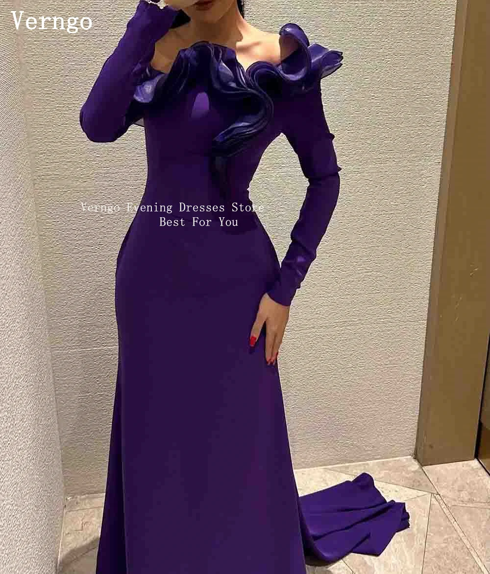 Verngo Purple Crepe Prom Gowns Simple Sweap Train Mermaid Party Dress Saudi Arabic Full Sleeves Prom Dress Customized