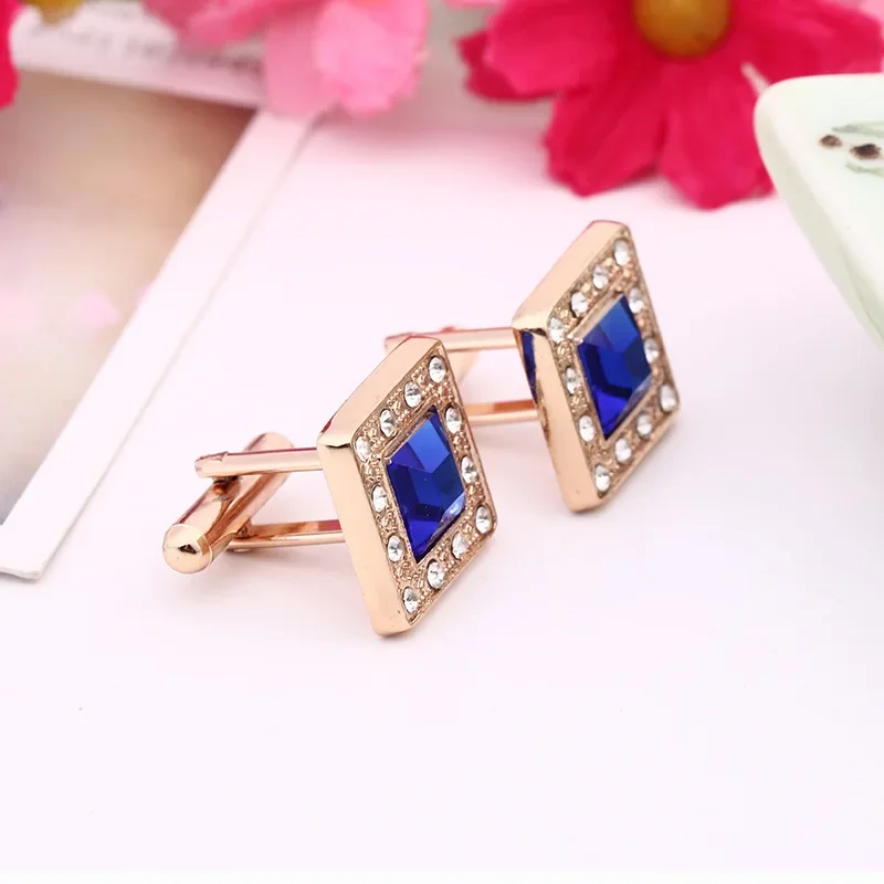 Square Blue Crystal Cufflinks Fashion Accessory French Style Clothes Decoratoion Accessories for Women Men