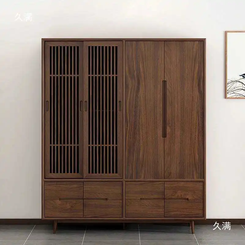 #New Chinese-style Wardrobe Solid Wood Household Bedroom Small Apartment Overall Homestay Hanging Wardrobe Fixed, Made American