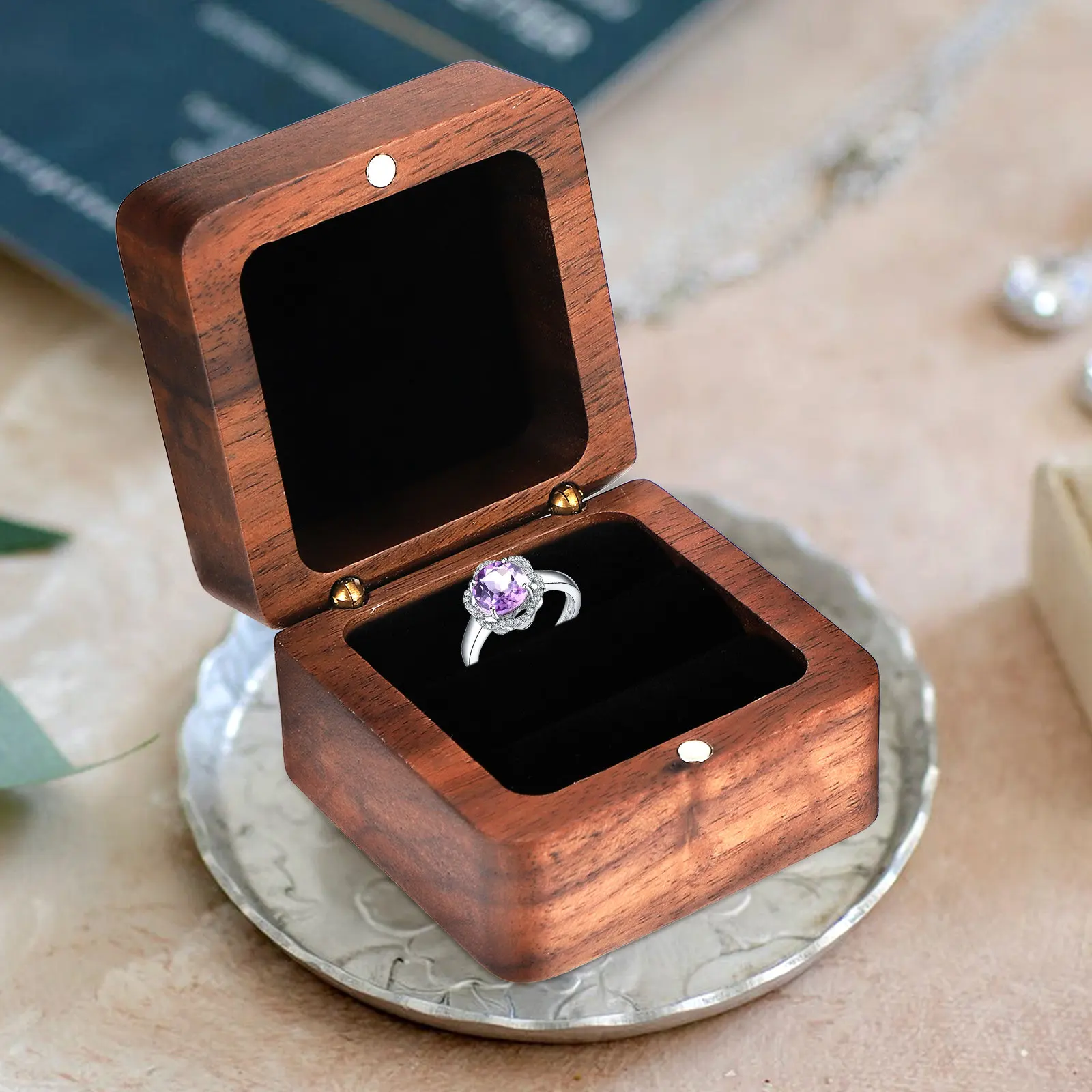 Wooden Ring Box Compact Lightweight Waterproof Ring Case for Proposal Engagement Wedding Ceremony Jewelry Organizer