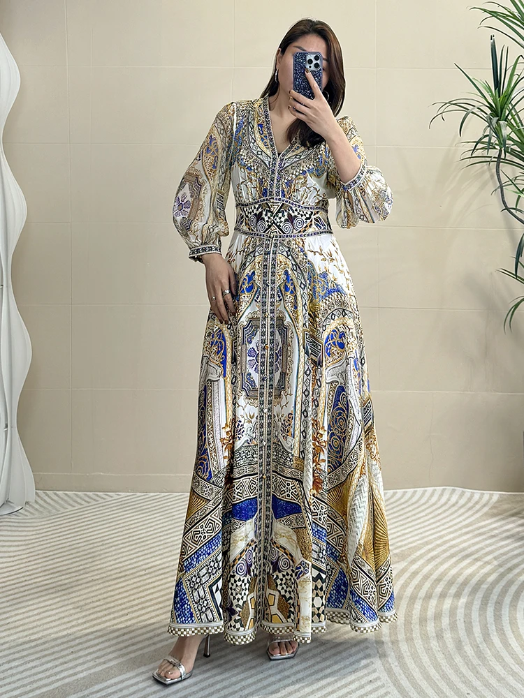 

Шелковое макси-платье Tangmi Home из 100% натурального шелка (8 момми), двойной марлевки, с V-образным вырезом, уникальное, этническое, с длинными рукавами