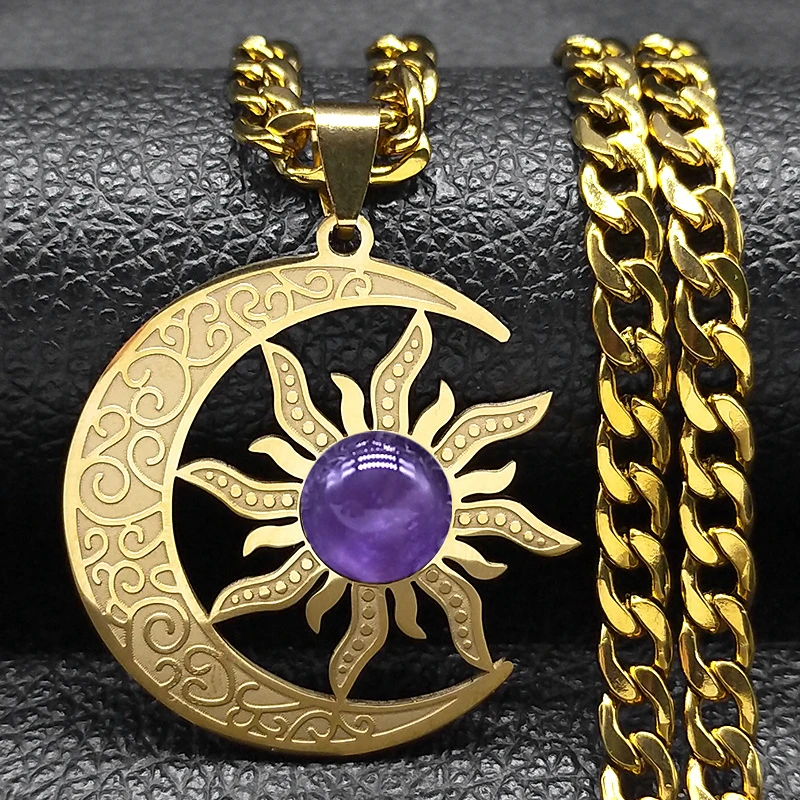 Wicca Sonne und Mond Halsketten Edelstahl Tigerauge Naturstein exquisite Anhänger Halskette Party Schmuck Geschenk N3079GDS03 – Detail 5