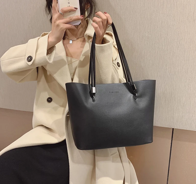 Simple Style Large Capacity Shoulder Bags For Women Solid Color Fashion Pu Leather Handbag Totes Female Shopping Bag Pack