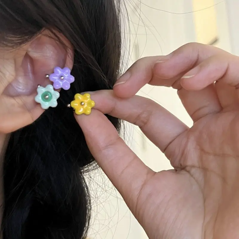 Fashion Colorful Flower Ear Cuff Earcuff Fake Piercing Earring For Women Girls Kpop Goth Vintage Y2k Aesthetic EMO Jewelry Gifts