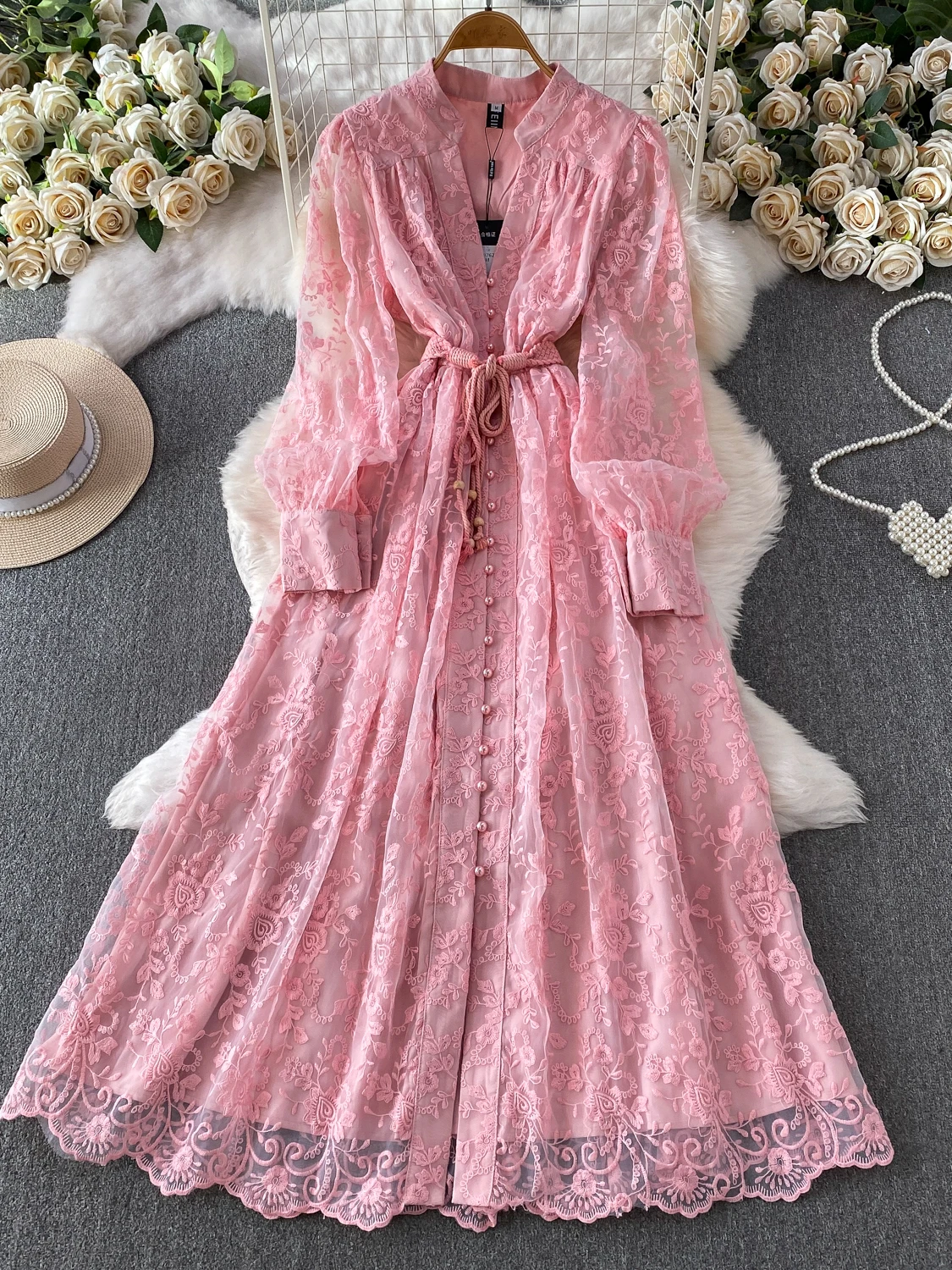 Elegant Long Sleeve Embroidered Lace Dress Pearl Button Slim Fit Maxi Skirt V-Neck Summer Dress for Women Luxury Fashion