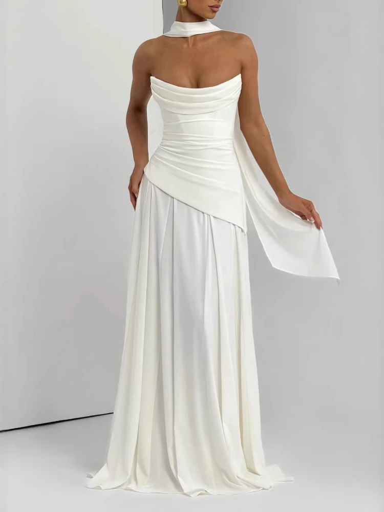 Elegant Chiffon Simple Evening Gown Strapless Cowl Neck Draped Detail Lace-up Back Convertible Scarf Maxi Dress Prom Wedding view 3