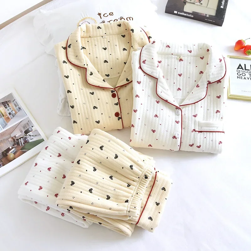 Setelan piyama sweetheart Wanita, baju & celana motif katun, 2 potong, pakaian tidur, pakaian rumah, musim gugur, set tidur kasual