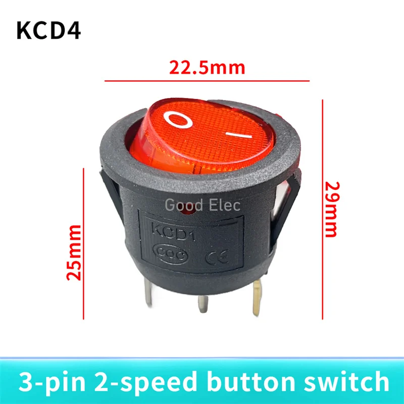 4Pcs KCD1 Round 220V/12V Red, yellow and blue green 3Pin SPDT ON/OFF Rocker Power Switch AC 125V/10A 250V/6A With light