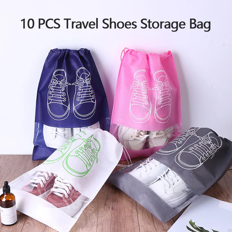 10Pcs Shoes Storage Bag Organizer Bags Non-woven Travel Portable Closet Bag Waterproof Pocket Clothing Tranparent Hanging Bag