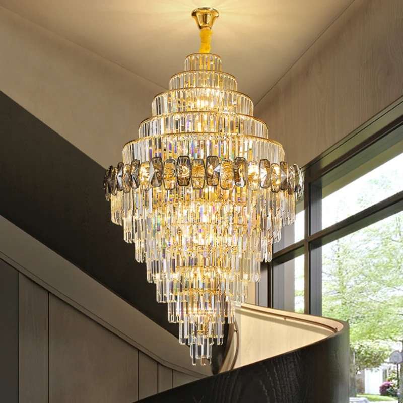 Hotel Lamp Hall Crystal Lamp Villa Living Room Lamp High-end Chandelier Duplex Building Headlamp Crystal Staircase Lamp Lustre ﻿
