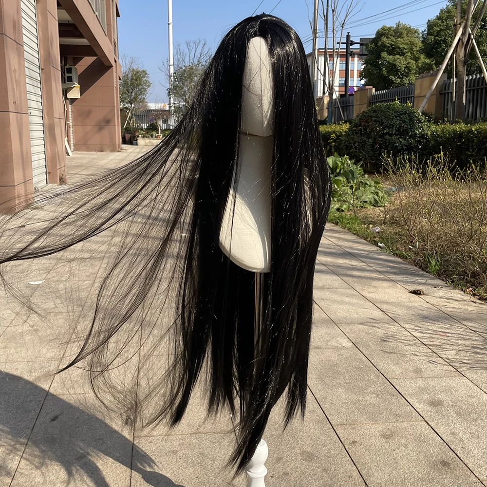 100cm Black Long Straight Cosplay Wig Centre Parting Central Split Heat Resistant Synthetic Hair Wigs Free Wig Cap