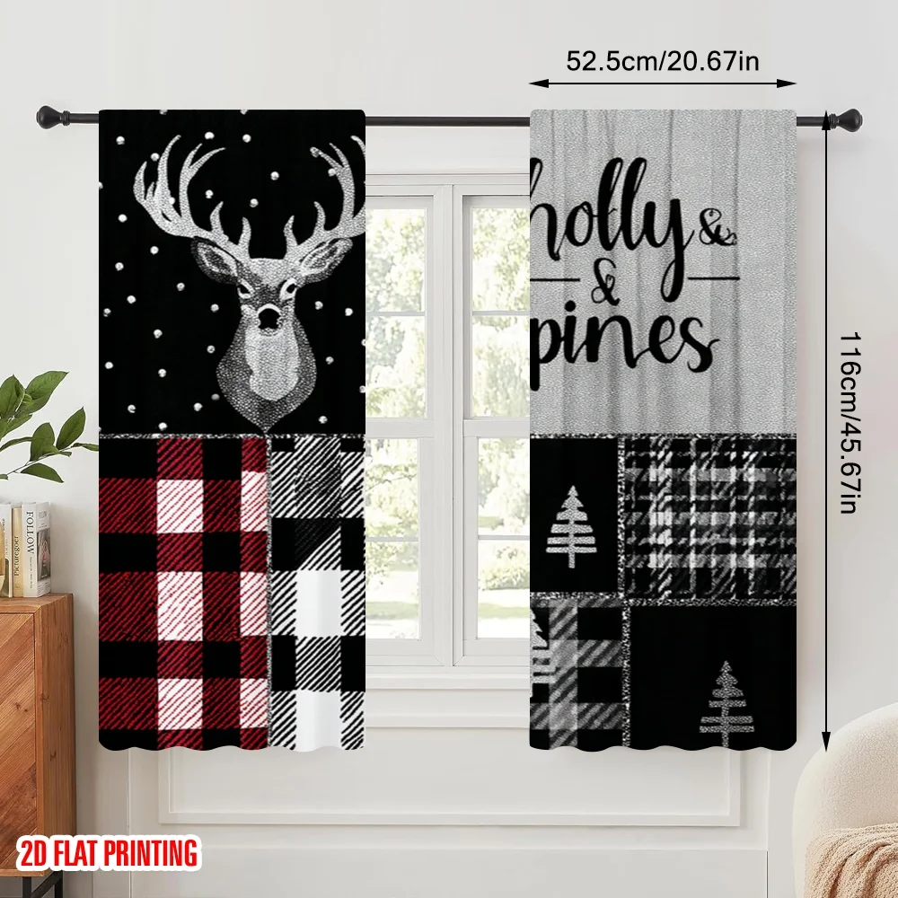 2pcs,2D plane printing Print Curtains Black and white checkered reindeer and Christmas tree Polyester Easy Install (without rod)