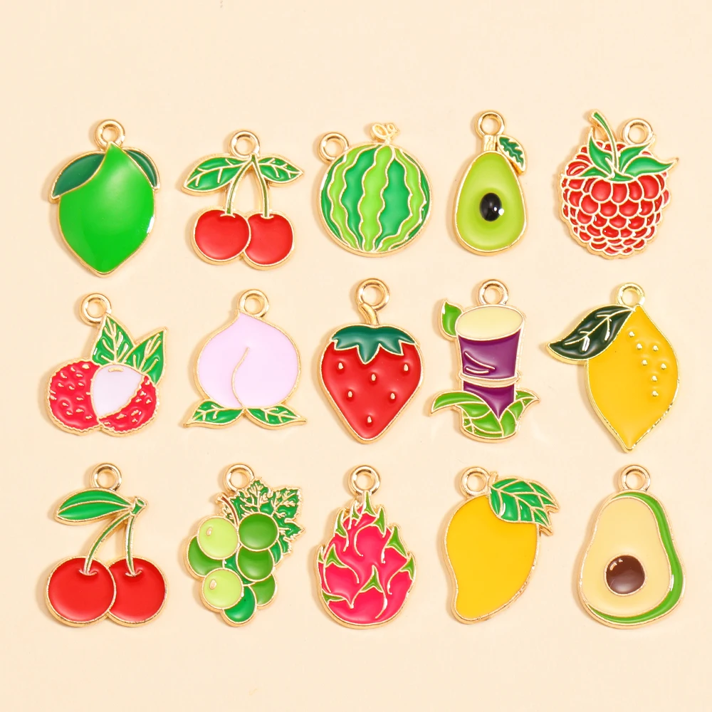 Nuevo 15 estilos de colgante de fruta, aleación esmaltada, limón, uva, cereza, lichi, melocotón, dijes para pendientes bonitos, manualidades de joyería hecha a mano DIY