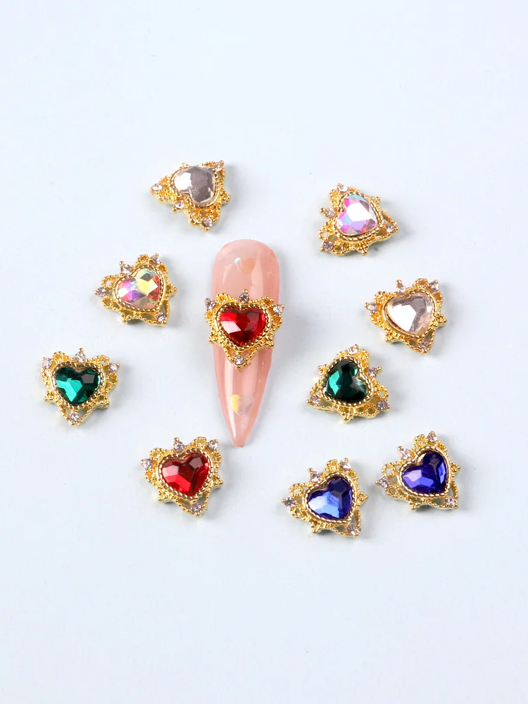 10pcs Nail Art Golden Mixed Heart Alloy Jewelry Charms Decorations Crystal Manicure Craft Germs 3D Rhinestones Accessories