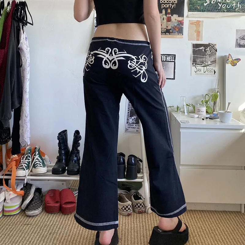 Sweater Black Straight Bootie Casual Retro Slim-fit Lace-up Trousers Printing Y2k Anti-vehicle Length Trousers 90's Aesthetics