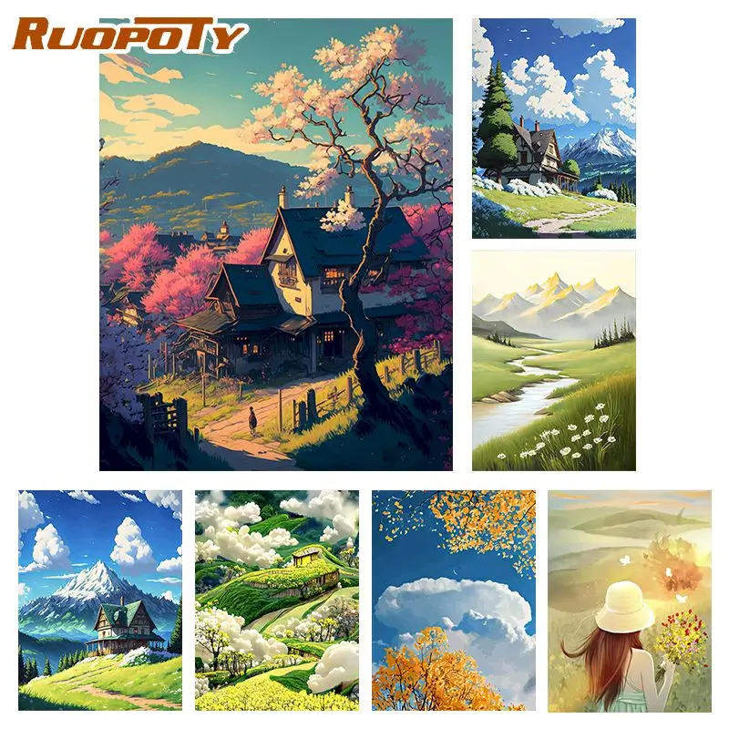 

RUOPOTY DIY Painting By Numbers Cartoon Mountain Landscape Handpainted Painting By Number Scenery Painting Artwork