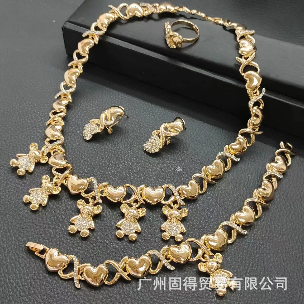 18k gold-plated bear with diamonds Middle East Dubai necklace earrings bracelet ring alloy jewelry set