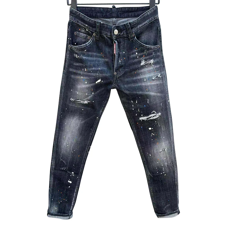 100 chareiharper 118 Men's vintage blue jeans ripped stars stretch slim-fit pants with men's pants Coconut tree