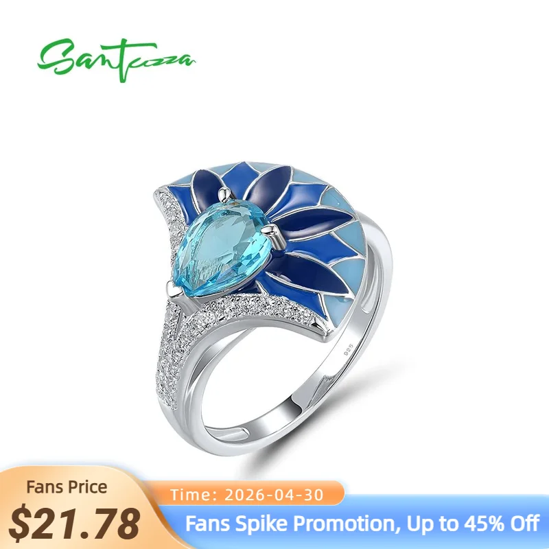 

SANTUZZA Genuine 925 Sterling Silver Rings For Women Sparkling Blue Stone Enamel Fan Shape Trendy Party Gifts Fine Jewelry