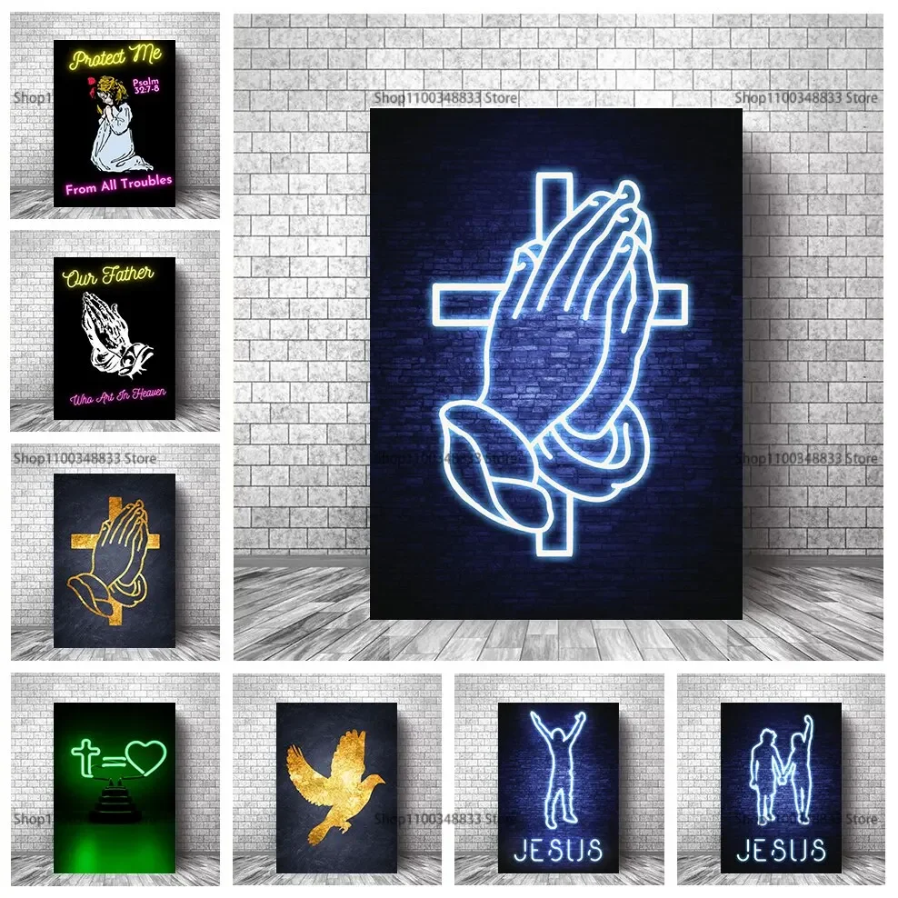 Jesus Bible Christ God Series Praying Neons Poster Aesthetic Canvas Painting HD Print Wall Art Pictures for Bedroom Home Decorat