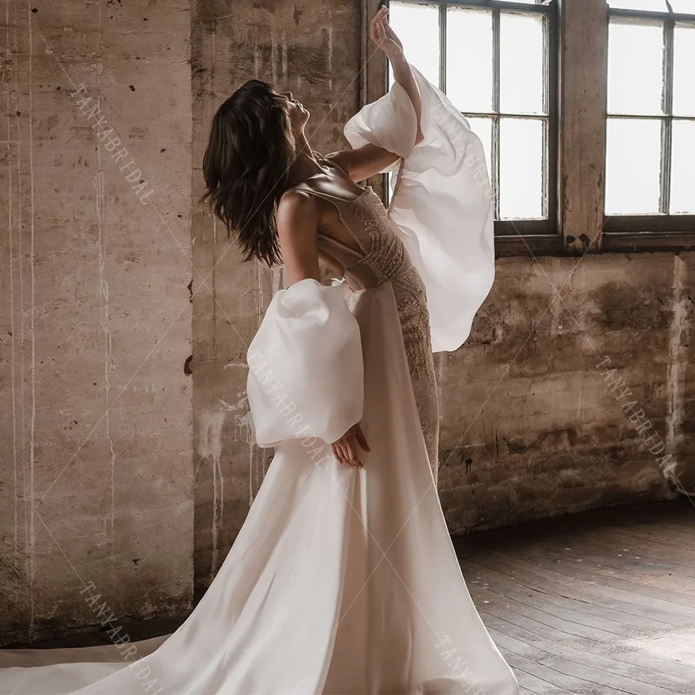 Elegant Organza Satin Wedding Cape With Puffy Short Sleeves,Simple Sweep Train Bridal Cloak,Romantic Wedding Accessories TSWD404