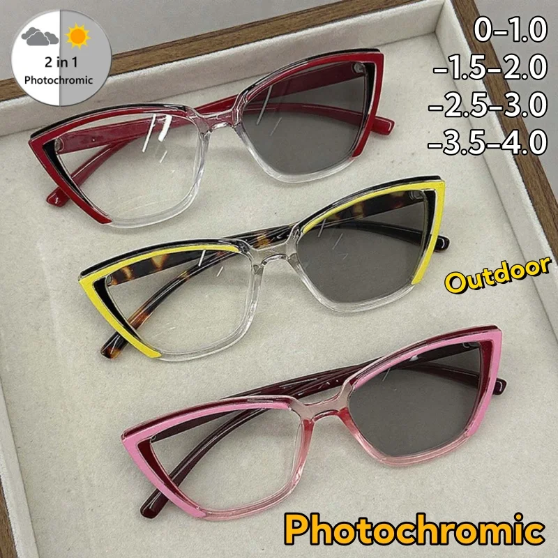 

Vintage Cat Eye Photochromic Myopia Glasses Personality Color Splicing Ultra Light Unisex Versatile Eyeglasses 0 To -4.0