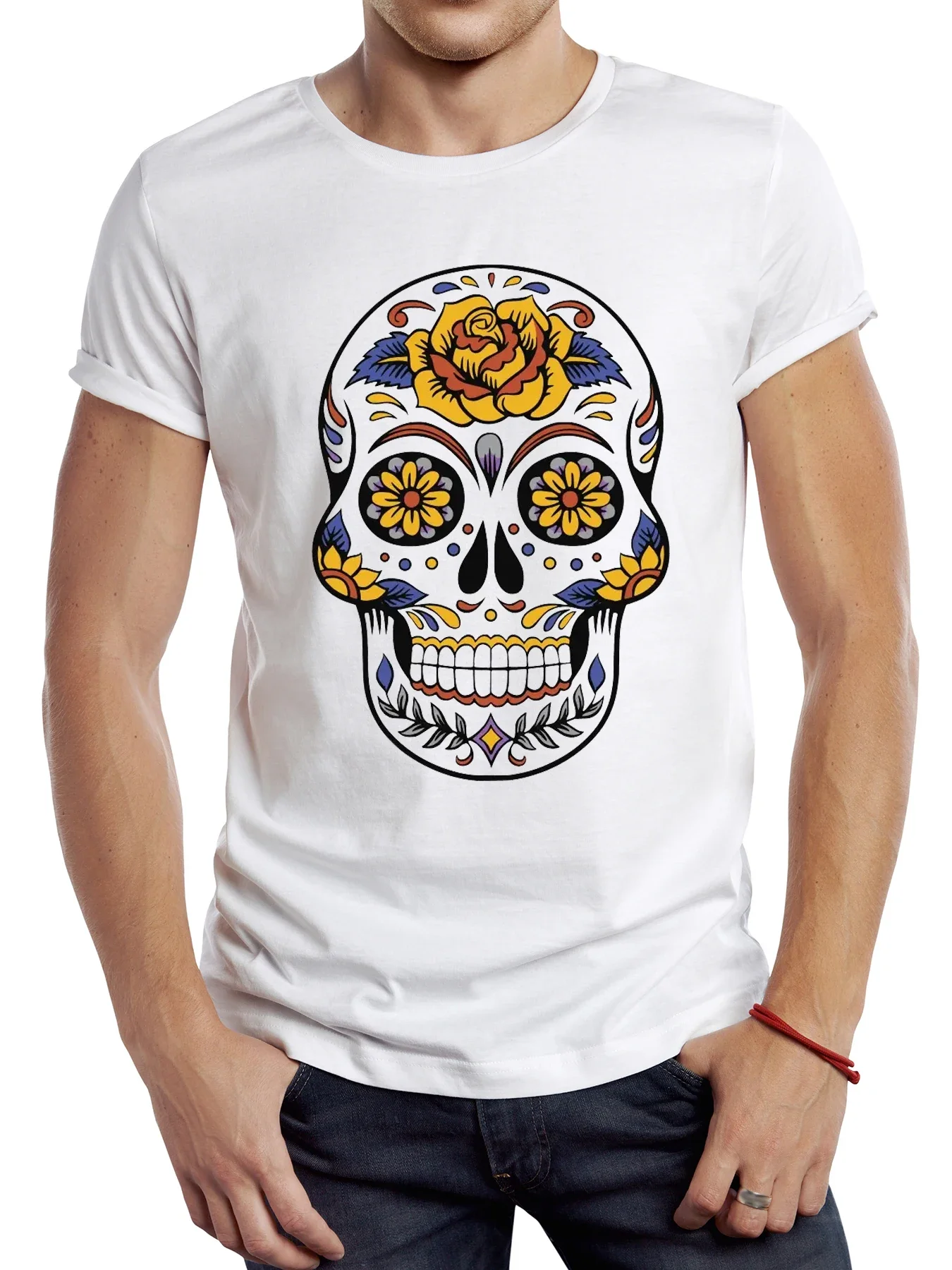 

TEEHUB Day of the Dead Skull Men T Shirt Casual Flower Skull Male Tops Hipster Retro Sugar Skull Printed Tee
