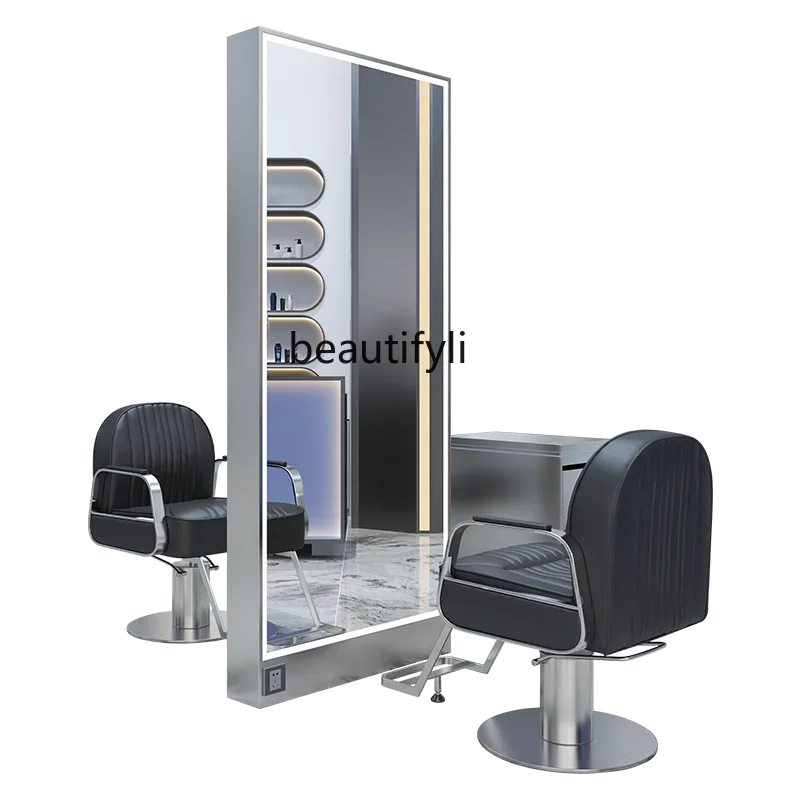 lt Barber Shop Dressing Table Stainless Steel Hair Salon Mirror with Light Single Double-Sided Floor Mirror Hair Cutting Mirror