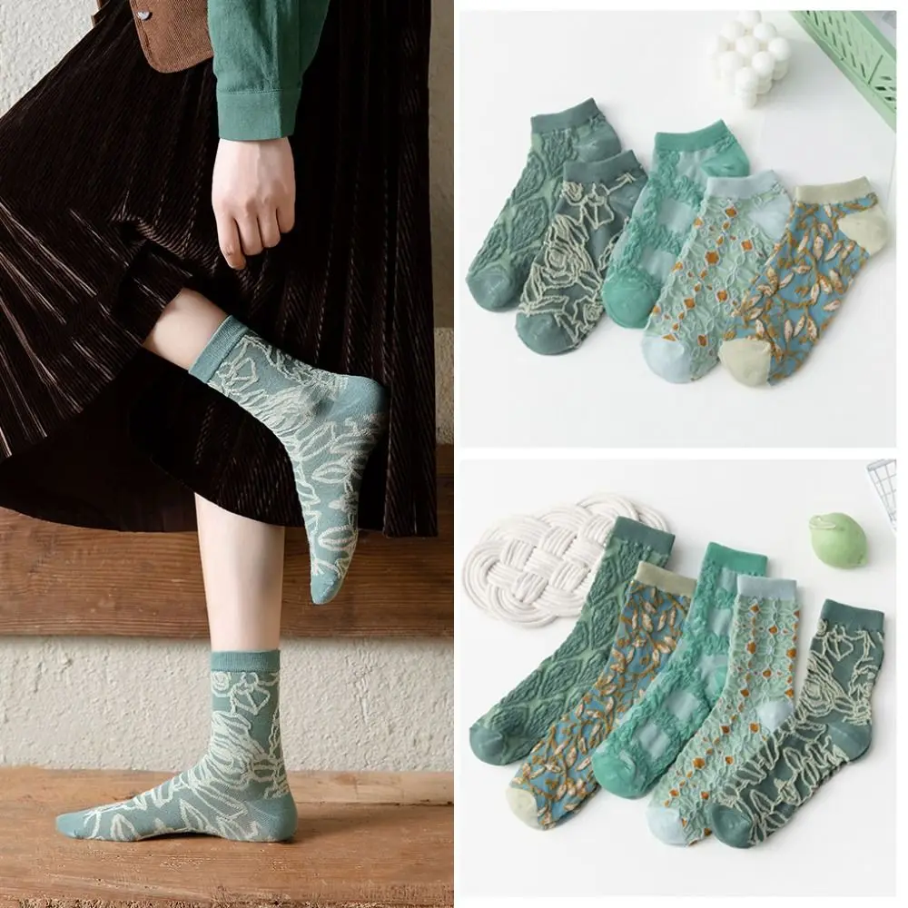 5 أزواج Harajuku زهرة الأزهار جوارب أنبوبية رقيقة الرجعية نمط الفتيات منتصف العجل الجوارب الشارع الشهير تنفس الحلو جورب النساء JK لوليتا