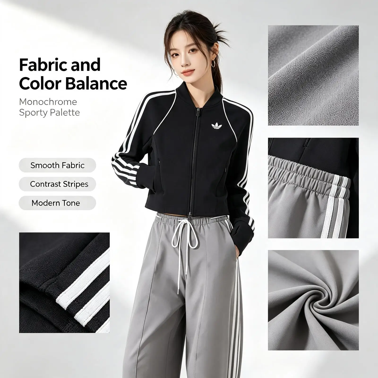 Adidas Sporty Two-Piece Outfit Set, Black Cropped Zip Jacket and Gray Wide Leg Drawstring Pants, Casual Track Suit