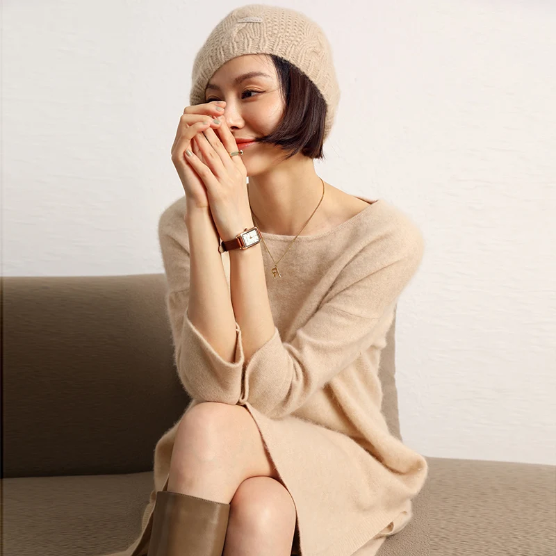 High-end New 100% Cashmere Long Sweater Dress Women Sexy Knitted Dresses Female Loose Large Size O-Neck Elastic 5Colors Pullover