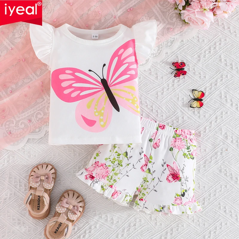 IYEAL Baby Girl Summer Cool and Sweet Set Butterfly Printed Flying Sleeve Top+Fresh Flower Shorts 2-piece Set