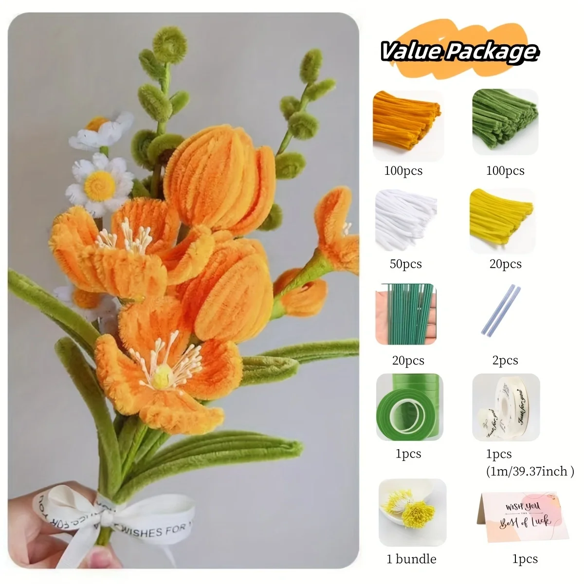 Tulipán, ramo de margaritas Paquete de material de bricolaje hecho a mano, suministros para manualidades DIY tallo de chenilla Día de Acción de Gracias detalles de material de flores DIY