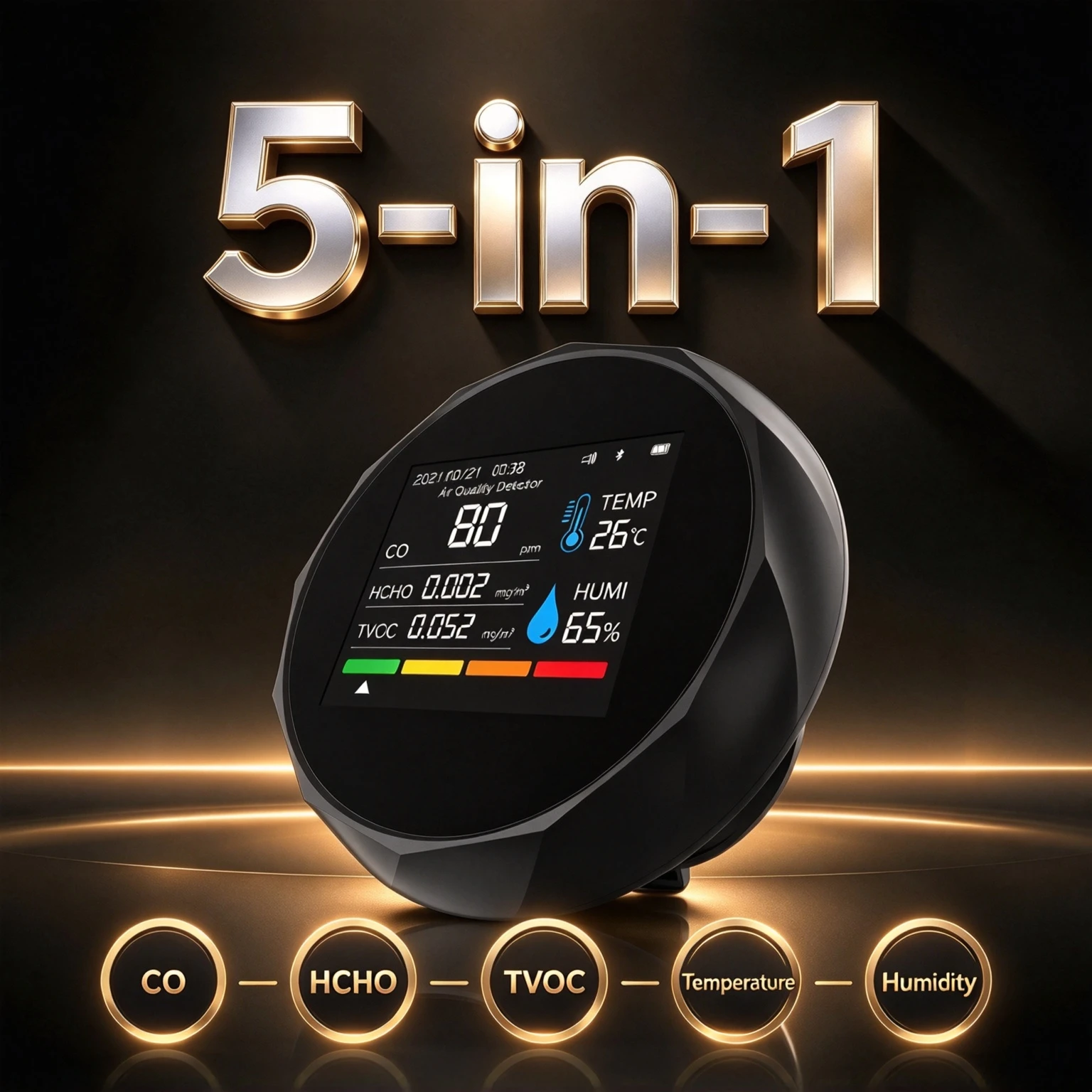Air quality detector, Bluetooth APP stores 60 day historical data, CO formaldehyde TVOC temperature and humidity detection
