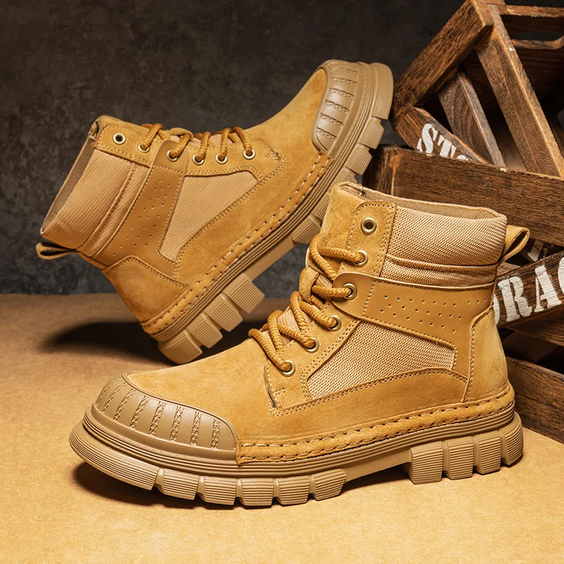 

Couple Leather Big Yellow Boots: 2025 New Autumn and Winter Men's Shoes, British Style Short Boots, Thickened Sole High-Top Boot