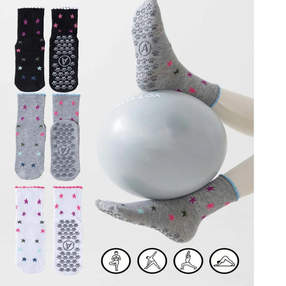 3 pairs of women's color star black, white and gray yoga socks, floor socks Pilates fitness non-slip socks