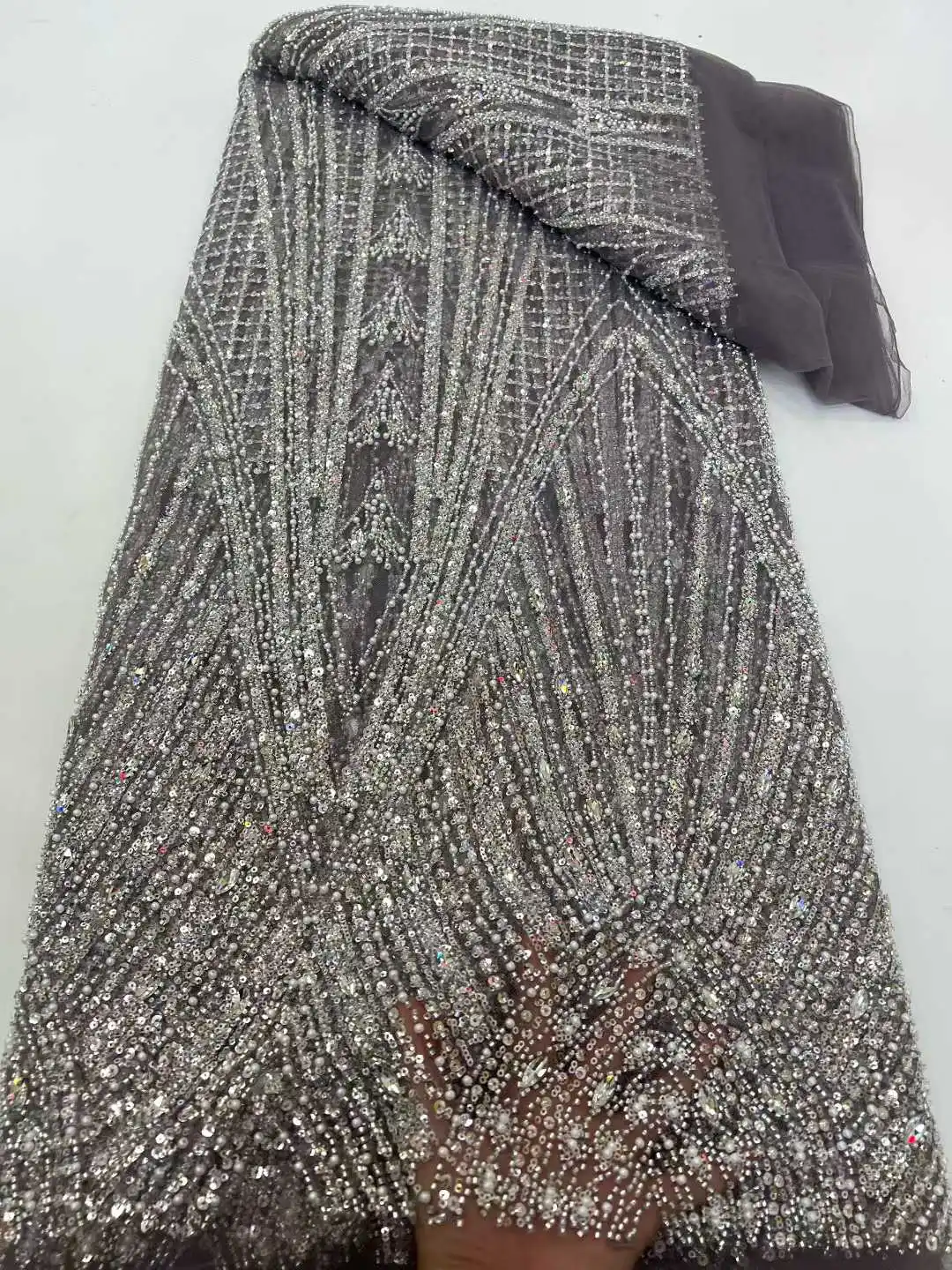 African Handcrafted Beaded Lace Fabric 5 Yards of Premium French Mesh Sequined Lace Nigerian Fabric Bridal Party Dresses 1931