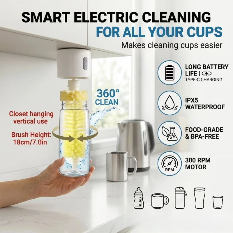 Multifunctional Electric Gap Cleaning Brush Rechargeable Cup Washer for Water Bottle Glass Baby Bottle Household Cleaning
