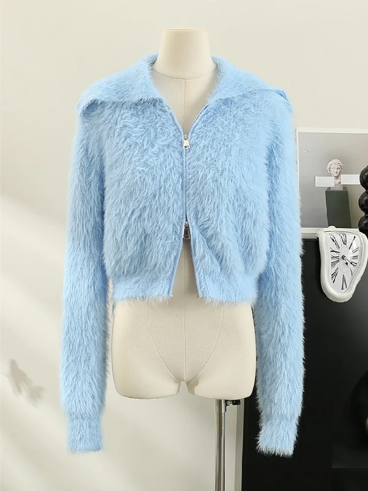 Korean style Turndown Collar Pink Cardigan Women Furry Zipper Kniwear Mujer Sweet Cropped Sweater Jackets Femme