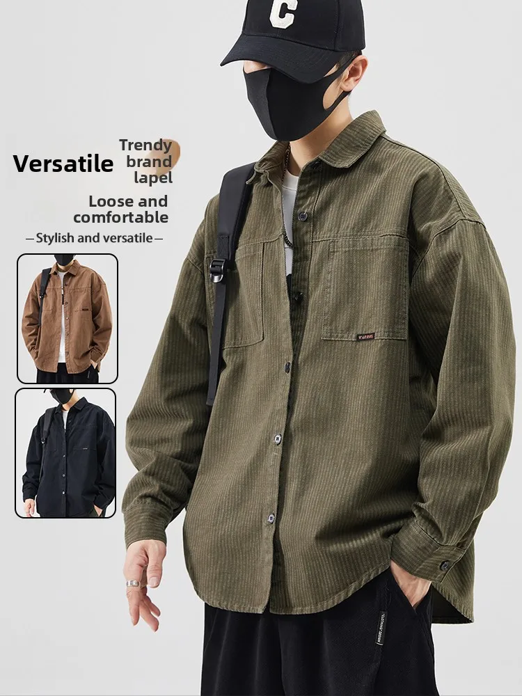 

Pure Cotton Men's irt Autumn Loose Comfortable Versatile Spring Autumn Sle Haome Trendy Long Sve Outerwear